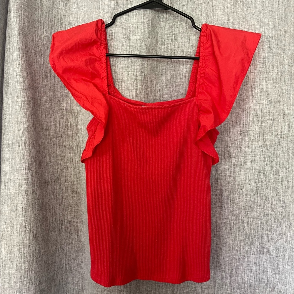 a new day Red Ruffle Sleeve Ribbed Tank Top